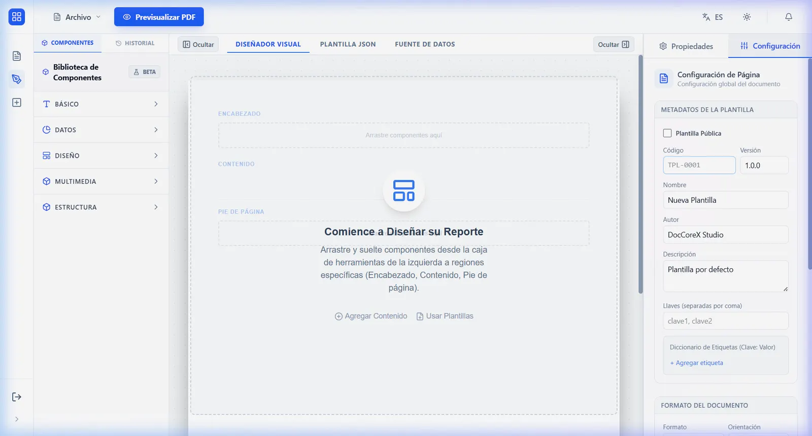 Diseñador visual de plantillas de DocCoreX Studio